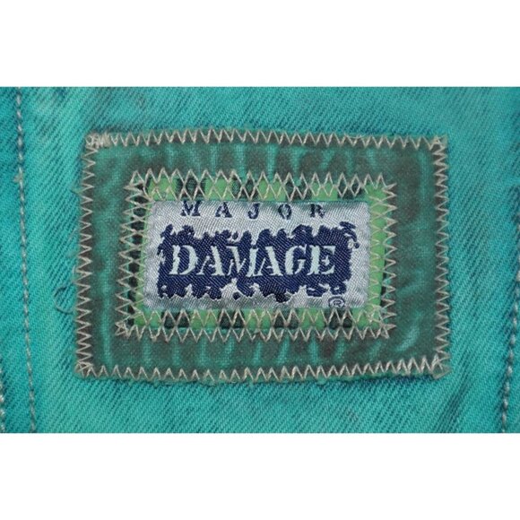 Vintage 90s Major Damage Turquoise Denim Jacket Men’s XL Hong Kong Hip Hop Rave - Picture 6 of 12